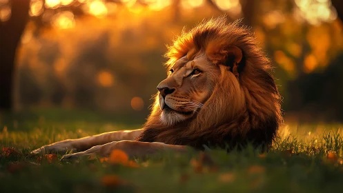 Backlit male lion in shallow depth of field sunset grassland