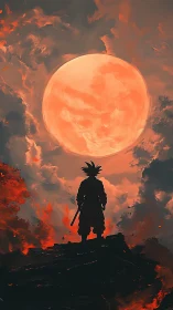 Silhouetted warrior below large red moon amid clouds.