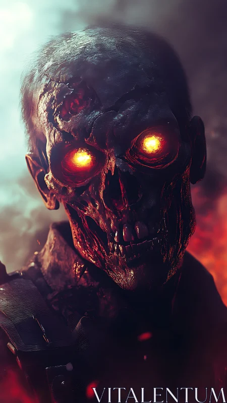 Burned skeletal figure with luminous eyes stands in smoke