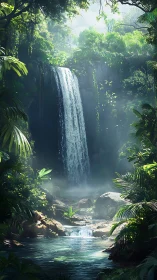 Sunlit jungle waterfall and clear turquoise forest pool.