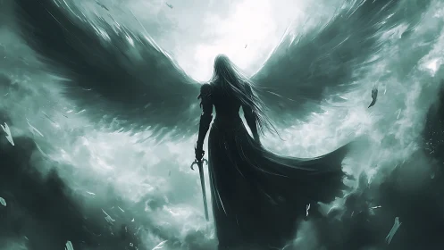 Sword-bearing angel rises through stormlit celestial clouds