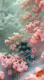 Fractal coral blooms drift like floating galaxies in mint mist