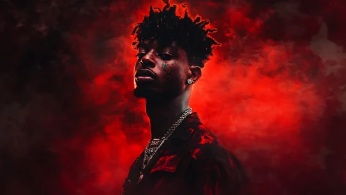 Portrait of tattooed rapper in red atmospheric smoke field.