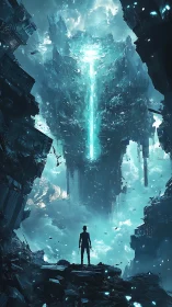 Lone wanderer confronting a sky-suspended techno monolith.