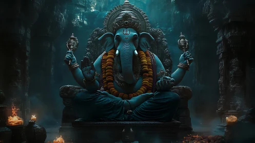 Blue elephant-headed deity statue sits in dark stone temple
