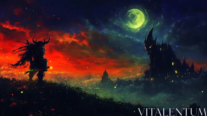 Midnight warrior pauses before a glowing moonlit citadel.