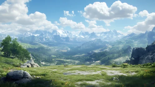 Mountain valley landscape under scattered cumulus clouds.
