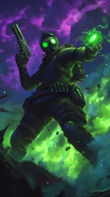 Radioactive soldier with glowing pistol and toxic core.
