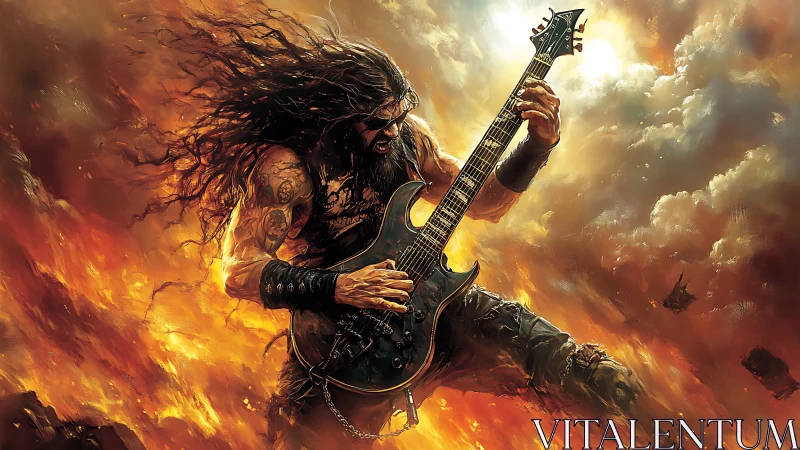 Firestorm metal guitarist shredding in apocalyptic sky.