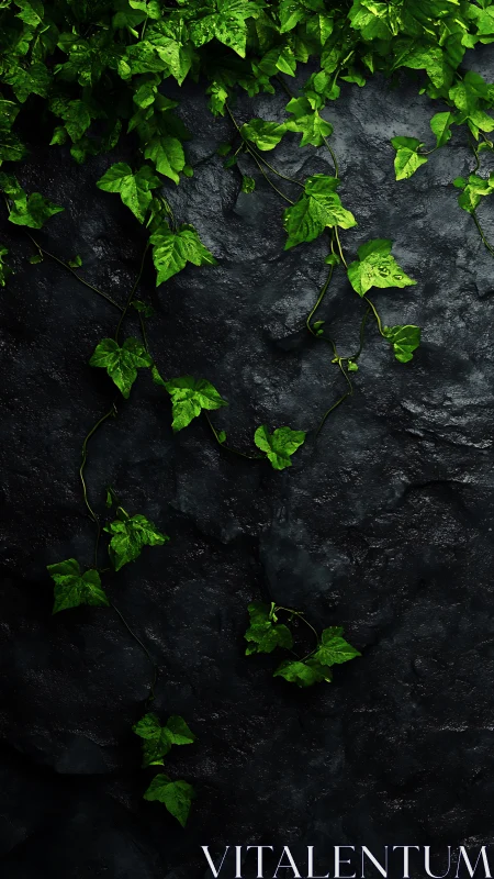 Green vine foliage extends across dark textured stone surface