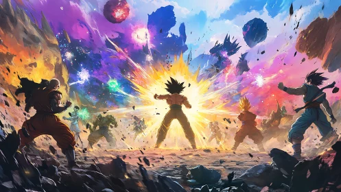 Anime warriors clash in large energy blast on rocky battlefield