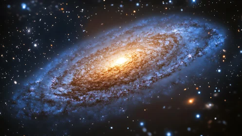Spiral galaxy with bright core and star field background.