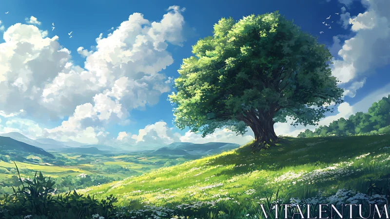 Lone oak crowns sunlit meadow under towering summer clouds.