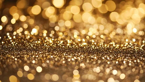 Golden glitter surface with defocused circular bokeh lights.
