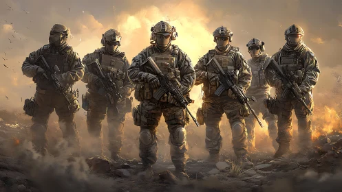 Six equipped soldiers stand aligned in a dust-filled environment
