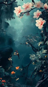 Mystic teal forest with peach blossoms and perched songbird.