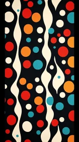 Bold circle pattern with wavy cream stripes on black.