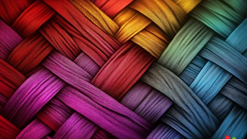 Colorful woven texture with overlapping fabric strands.