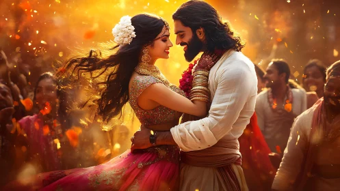 Backlit Indian couple dancing amid warm bokeh and motion blur