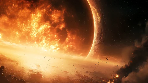 Incinerated horizon under collapsing planetary inferno.