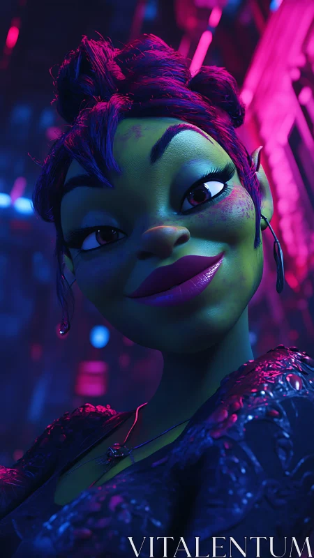 Neon-slick alien diva leans into the glow of nightlife dreams.