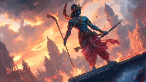 Mythic blue warrior over burning temple metropolis at dusk