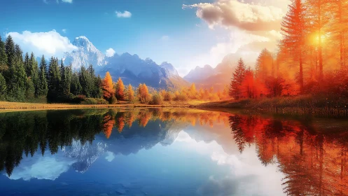 Mountain lake with vivid autumn forest reflection at sunset.