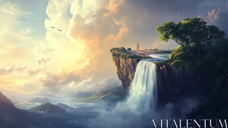Majestic Cliff Waterfall with Mountain Valley.