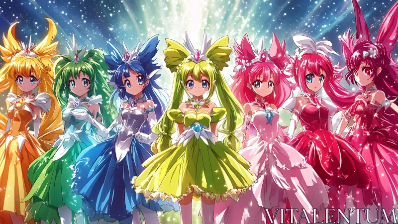 Prismatic magical heroines ignite a starlit rainbow runway.