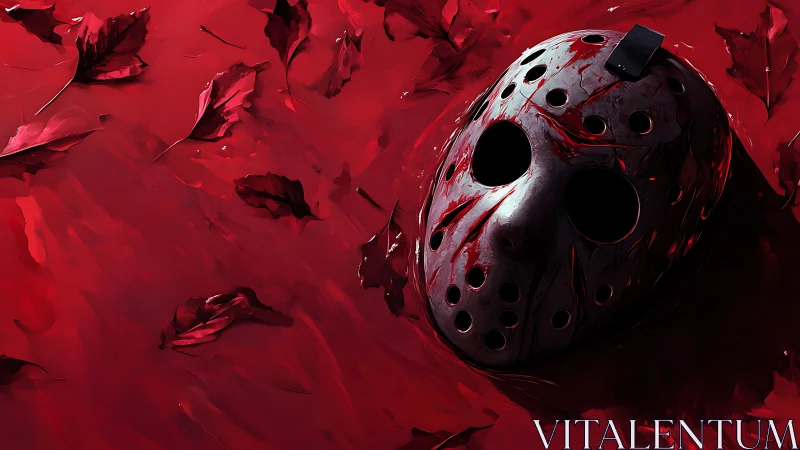 Hockey mask amid crimson leaves in glossy bloodfield.