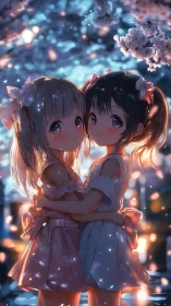 Anime girls embrace under glowing cherry blossom evening
