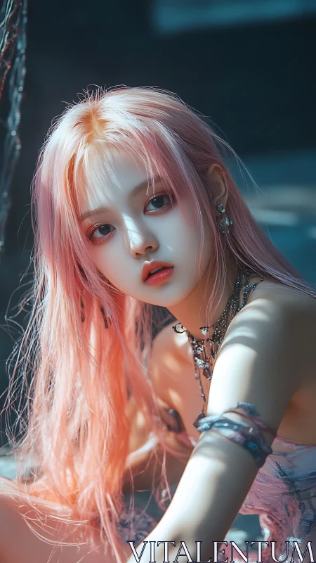 Digital portrait depicts pink‑haired subject in dappled light