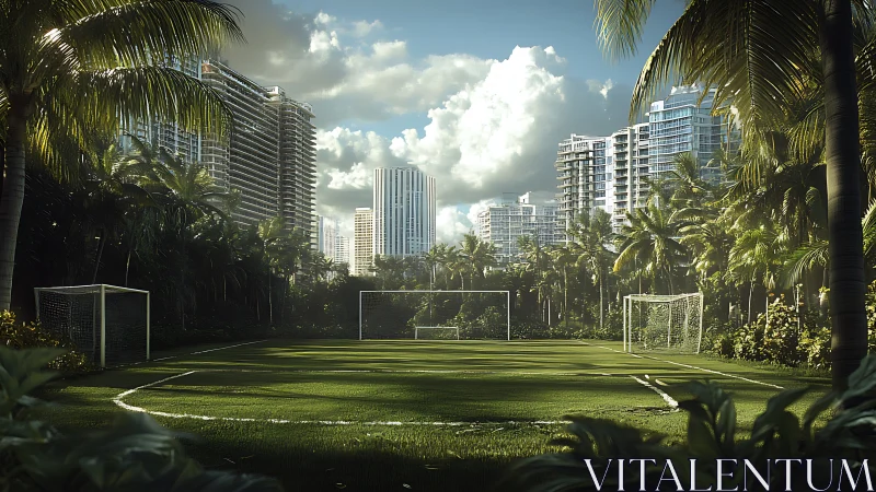 Sunlit cityside soccer field cradled by lush palms and towers.