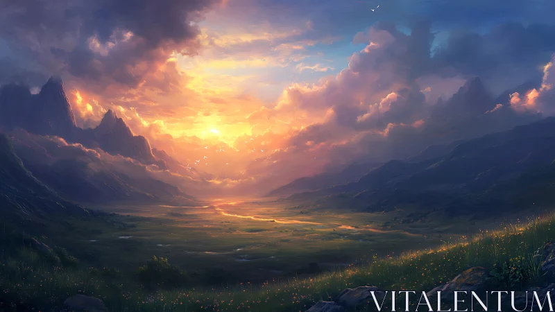 Sunset light over wide mountain valley landscape scene.