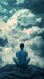 Solitary figure meditates on cliff ledge above towering clouds