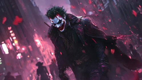 Laughing stormwalker in a neon-scarlet city downpour.