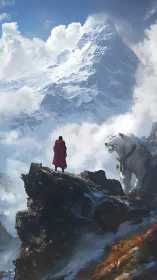 Lone red-cloaked wanderer with white beast in alpine storm.