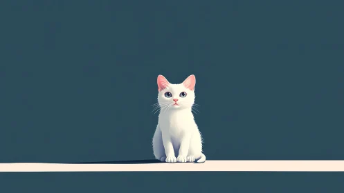 White Cat Seated Against Teal Background.
