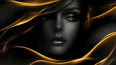 Golden currents frame a mysterious silver-lit portrait.