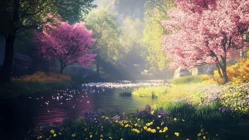 Spring river drifts through a glowing valley of blossom color