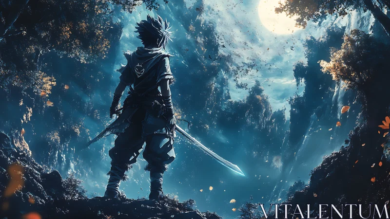 Moonlit cliffside swordsman poised on the edge of a glowing abyss.