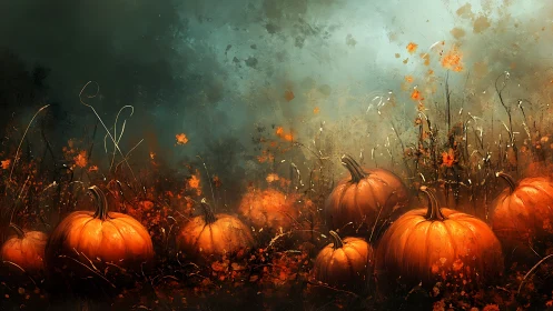 Pumpkin field scene under moody autumn sky at dusk.