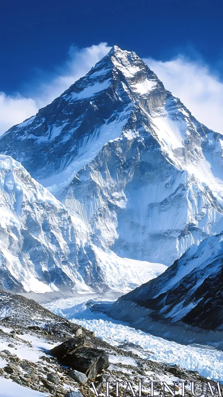 High-altitude glaciated peak under clear cobalt blue sky