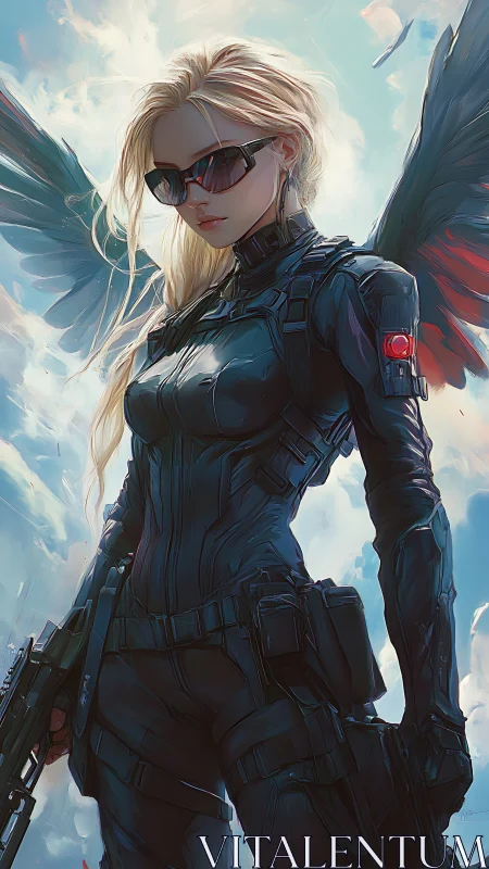 Winged cyber soldier descends through luminous storm clouds.