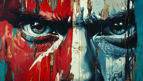 Bold painted eyes staring through peeling color and time.