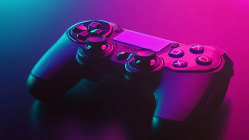 Gaming controller rendered with neon cyan and magenta gradient lighting.