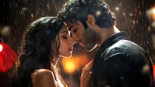 Intimate Rainy Moment: Couple's Romantic Connection in Golden Light.
