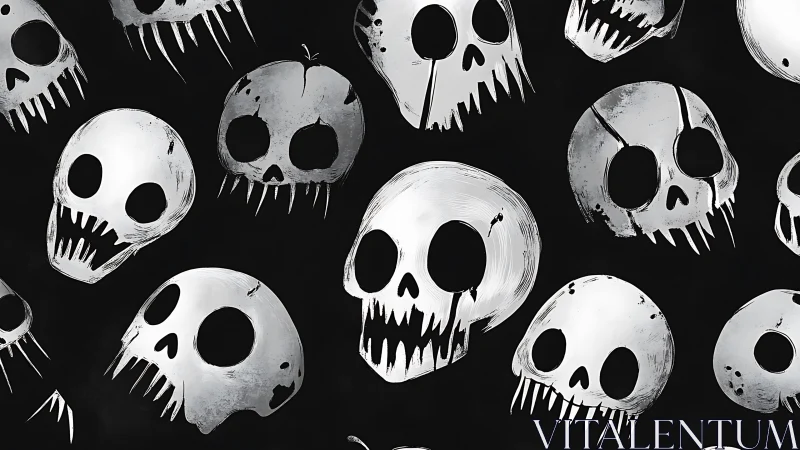 Monochrome stylized skull pattern on dark background surface.
