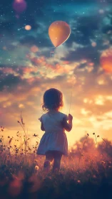 Digital painting of child with balloon at luminous sunset field.