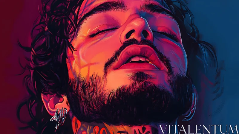 Neon-lit bearded portrait captures raw, immersive emotion.